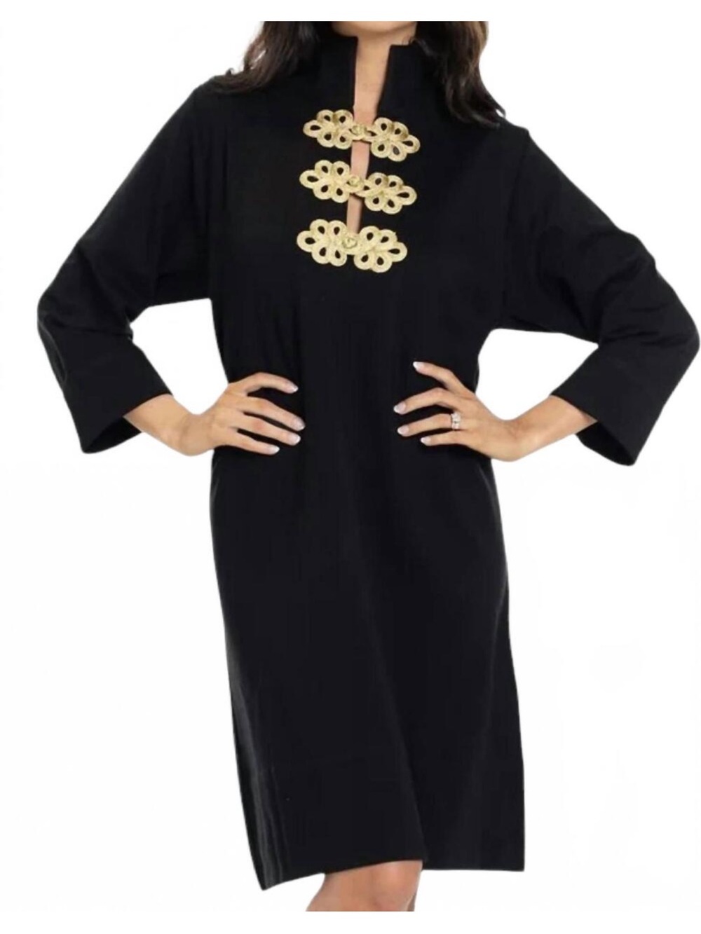 Holly Shae Arden Black Mini Shift Dress with Gold Frog Decorative Closures